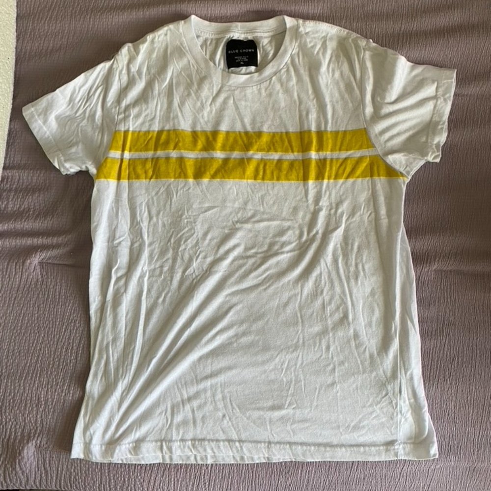 Blue Crown XL White T-Shirt W/ Yellow Strips